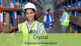  Presentation with worker - Slide deck enhanced with efficient workers - smiling female worker with thumb background and a yellow colored foreground