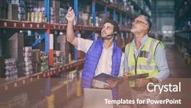  Presentation with warehouse - Slide set consisting of efficient workers - worker colleague looking up background and a coral colored foreground