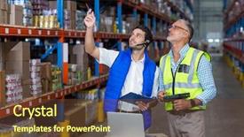  Presentation with warehouse - Colorful PPT layouts enhanced with efficient workers - worker colleague looking up backdrop and a tawny brown colored foreground