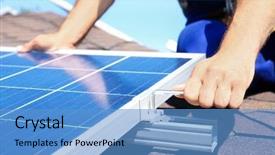  Presentation with solar panels - Beautiful presentation theme featuring efficient workers - worker installing solar panels outdoors backdrop and a teal colored foreground