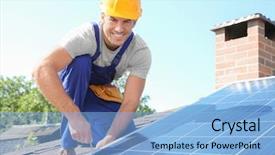 Presentation with solar panels - Presentation theme enhanced with efficient workers - worker installing solar panels outdoors background and a light blue colored foreground