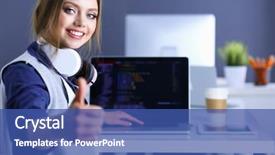  Presentation with office desk reception - PPT theme enhanced with efficient workers - young confident businesswoman working background and a ocean colored foreground