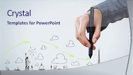  Presentation with hand drawn brush stroke design - PPT theme with effiel - close up of businesswoman hand background and a sky blue colored foreground