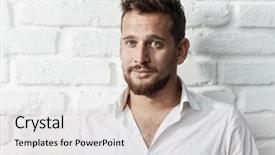  Presentation with young man on the phone - Slide set consisting of effortless - portrait of goodlooking young caucasian background and a light gray colored foreground
