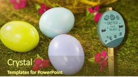  Presentation with egg - Beautiful PPT theme featuring egg hunt sign against multicolor backdrop and a tawny brown colored foreground