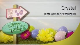 Presentation with easter worship service - Audience pleasing slide set consisting of egg hunt sign against multicolor backdrop and a light gray colored foreground
