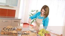  Presentation with happy smiling woman dental health - Cool new PPT theme with milk fruit - baking - smiling woman backdrop and a  colored foreground