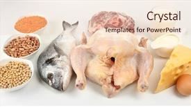  Presentation with milk protein - PPT theme with milk meat egg fish - food high in protein isolated background and a lemonade colored foreground