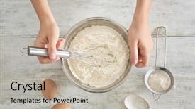  Presentation with flour - Theme with egg powder - woman with bowl of flour background and a mint green colored foreground