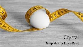  Presentation with tape - Theme having egg with measuring tape on wooden table background and a light gray colored foreground