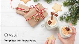  Presentation with gingerbread - Beautiful presentation theme featuring eggnog traditional christmas cocktail and gingerbread cookies with xmas gift boxes on wooden table flat lay top view with space for your greetings backdrop and a white colored foreground