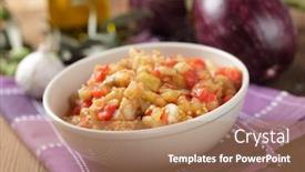 Presentation with eggplant - Theme featuring eggplant caviar in the rustic bowl closeup background and a coral colored foreground