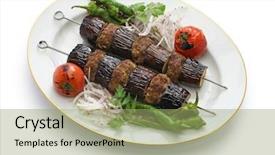  Presentation with eggplant - Slides enhanced with eggplant kebab patlican kebab turkish cuisine isolated on white background background and a mint green colored foreground