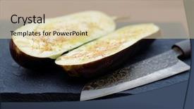  Presentation with grilling - Slide set with eggplant prepared for grilling and old knife background and a lemonade colored foreground