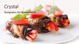  Presentation with eggplant - Slide deck featuring eggplant rolls stuffed with pepper background and a sky blue colored foreground