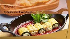  Presentation with food preparation - Amazing PPT theme having eggplant-rolls-with-cheese backdrop and a gold colored foreground