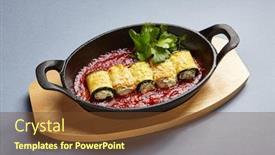  Presentation with food preparation - PPT theme with eggplant-rolls-with-cheese background and a tawny brown colored foreground
