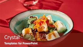  Presentation with asian dumplings in broth bowl - Presentation theme with eggplant-tofu-salad background and a tawny brown colored foreground