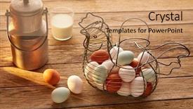  Presentation with hen - Audience pleasing presentation design consisting of eggs and milk in a vintage hen shape basket on wood with blue easter white and brown backdrop and a coral colored foreground