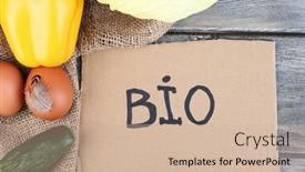  Presentation with bio - Presentation theme featuring eggs-and-vegetables-with-inscription background and a soft green colored foreground