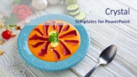  Presentation with tapas - Audience pleasing slide set consisting of eggs fall - salmorejo tapas food raw tomato backdrop and a sky blue colored foreground