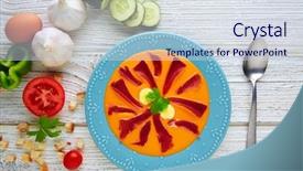  Presentation with tapas - Slide deck consisting of eggs fall - salmorejo tapas food raw tomato background and a sky blue colored foreground