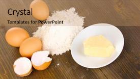  Presentation with butter - PPT theme having eggs flour and butter close-up on wooden table background and a coral colored foreground