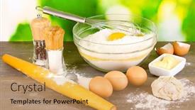  Presentation with butter - Amazing presentation having eggs flour and butter close-up on wooden table on natural background backdrop and a yellow colored foreground