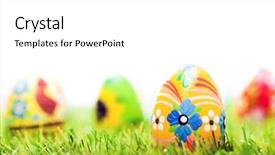  Presentation with kids hand prints paint - Colorful PPT theme enhanced with eggs in grass spring theme backdrop and a white colored foreground