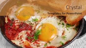  Presentation with frying - Slide set featuring eggs in purgatory in frying pan on table close up background and a gold colored foreground