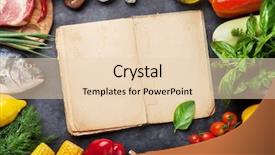  Presentation with meat beef - Cool new PPT theme with vegetables fish meat and ingredients cooking tomatoes eggplants corn beef eggs top view with cookbook for copy space on stone table backdrop and a lemonade colored foreground