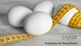  Presentation with tape - Theme enhanced with eggs with measuring tape on wooden table background and a mint green colored foreground
