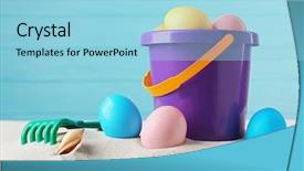  Presentation with footsteps footprints in the sand - Audience pleasing presentation theme consisting of eggs with sand and pail backdrop and a light blue colored foreground