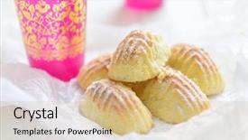  Presentation with chinese pastry or mooncake filled - Colorful presentation theme enhanced with eid - middle eastern pistachio filled pastries backdrop and a coral colored foreground