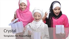  Presentation with muslim - Amazing PPT layouts having eid al fitr - muslim little girls with gift backdrop and a light gray colored foreground