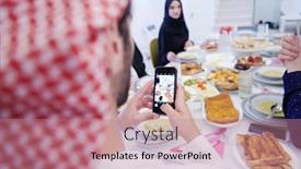  Presentation with feasting - Presentation theme enhanced with eid-mubarak-muslim-family-having background and a coral colored foreground
