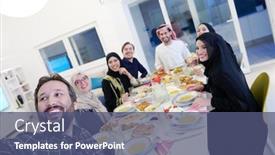  Presentation with feasting - Amazing PPT theme having eid-mubarak-muslim-family-having backdrop and a ocean colored foreground