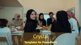  Presentation with halal - PPT theme having eid-mubarak-muslim-family-having background and a tawny brown colored foreground