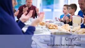  Presentation with family islamic - Beautiful presentation theme featuring eid-mubarak-muslim-people-praying backdrop and a light blue colored foreground