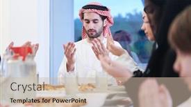  Presentation with family islamic - Beautiful PPT theme featuring eid-mubarak-muslim-people-praying backdrop and a soft green colored foreground