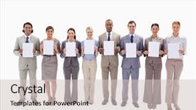  Presentation with white letters - Presentation with eight business people holding white support for letters against white background background and a lemonade colored foreground