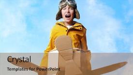  Presentation with imagination - Presentation design enhanced with eight-year boy playing with a cardboard airplane outdoor over sky background childhood fantasy imagination background and a coral colored foreground
