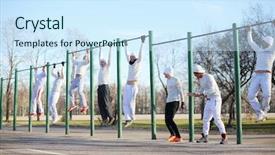  Presentation with hang - Beautiful PPT layouts featuring eight young people hang on the horizontal bar on the playground backdrop and a cool aqua colored foreground