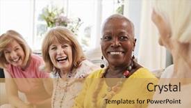  Presentation with relaxing - Theme having eighties - group of senior female friends background and a yellow colored foreground