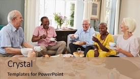  Presentation with afternoon tea - Cool new slide deck with eighties - group of senior friends enjoying backdrop and a coral colored foreground