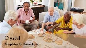  Presentation with afternoon tea - Cool new slide deck with eighties - group of senior friends enjoying backdrop and a coral colored foreground