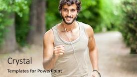  Presentation with special education young adult man - Slide set featuring ejercicio - young man doing jogging outdoor background and a  colored foreground