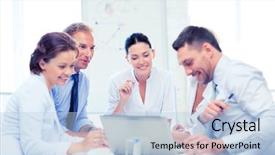  Presentation with team meeting - Colorful slide deck enhanced with el talento - friendly business team having meeting backdrop and a light blue colored foreground