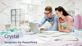  Presentation with sewing tools - Colorful PPT theme enhanced with elaborate - positive concentrated young colleagues backdrop and a sky blue colored foreground