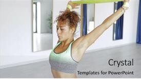  Presentation with training - Amazing PPT theme having elasticity - young sportswoman training hands backdrop and a  colored foreground